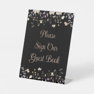 Elegant Floral Black Boho Wedding Guestbook Pedestal Sign