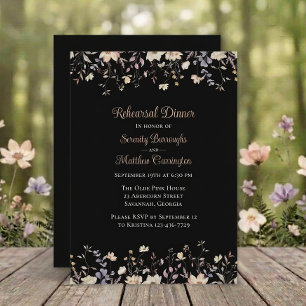 Elegant Floral Black Boho Wedding Rehearsal Dinner Invitation