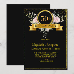 Elegant Floral Black Gold 50th Birthday   Invitation