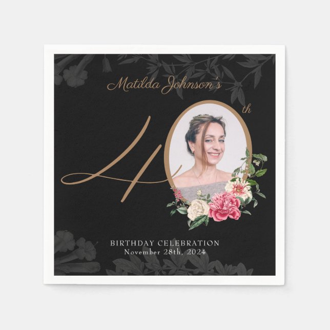 Elegant Floral Black Gold Custom 40th Birthday Napkin (Front)