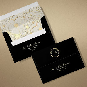 Elegant Floral Black Gold Wedding Envelope