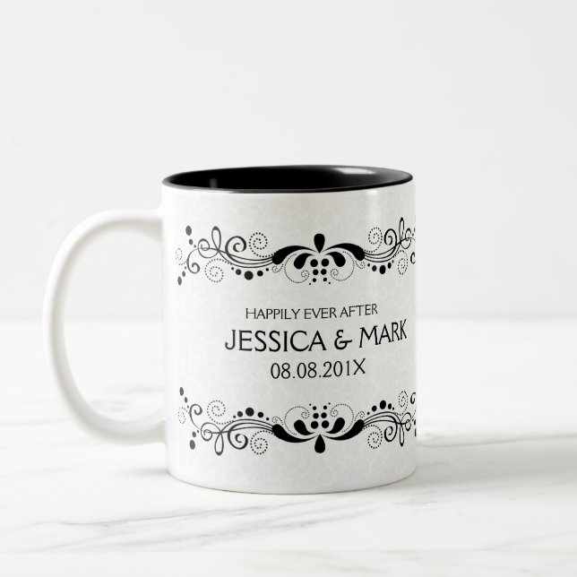 Elegant Floral Black Lace With White Damask Two-Tone Coffee Mug (Left)