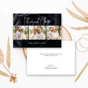 Elegant Floral Black Midnight Rose Wedding Photo Thank You Card