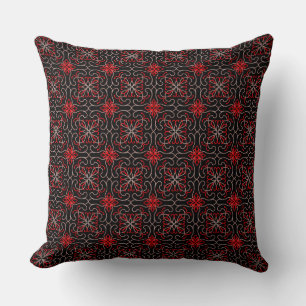 Elegant Floral Black Red Ornate Pattern Design Throw Pillow