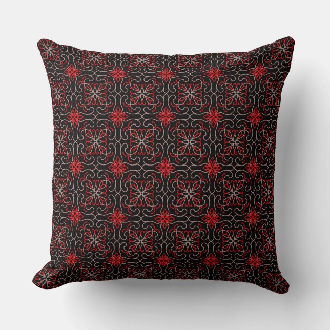 Elegant Floral Black Red Ornate Pattern Design Throw Pillow (Front)