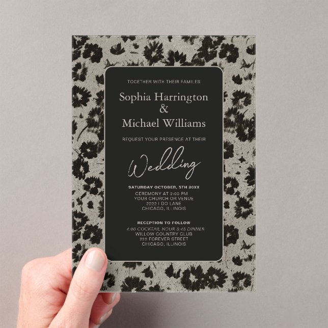Elégant Floral Black Silver Mariage Invitation (In situ (ordinateur de poche))