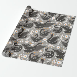 Elegant Floral Black Swan Pattern Wrapping Paper