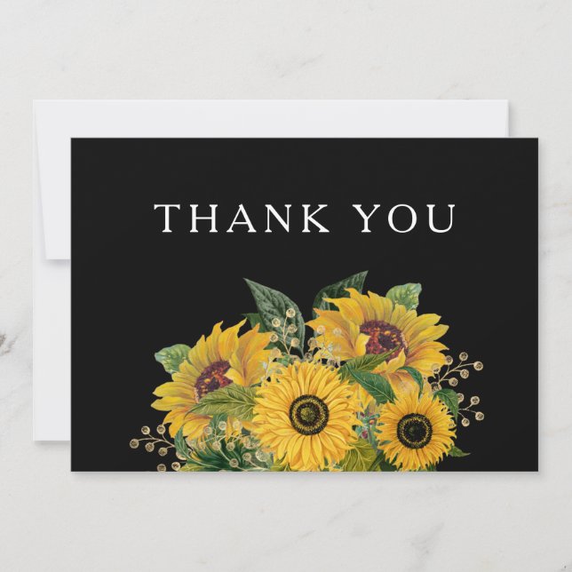 Elegant Floral Black Wedding  Thank You Card (Front)