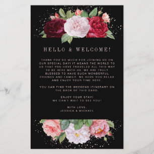 Elegant Floral Black Wedding Welcome Itinerary