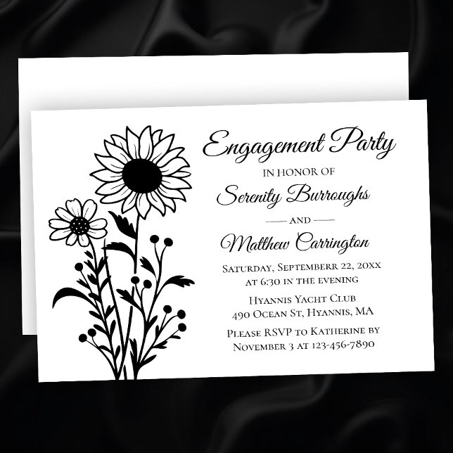 Elegant Floral Black White Engagement Party Invitation (Creator Uploaded)