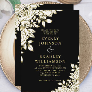 Elegant Floral Black White Gold Roses Wedding Invitation
