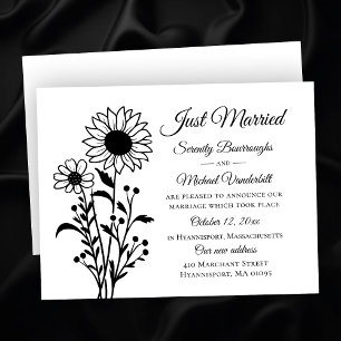 Elegant Floral Black White Just Married Wedding Announcement