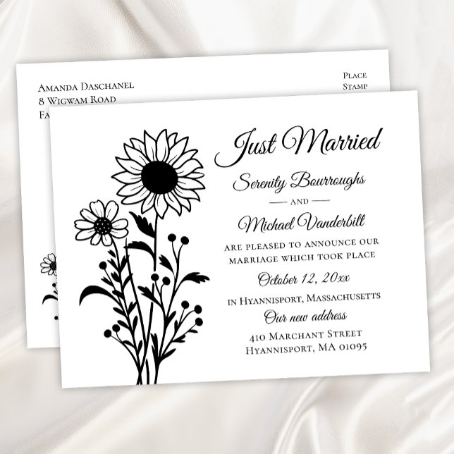 Elegant Floral Black White Just Married Wedding Announcement Postcard (Creator Uploaded)