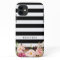 Elegant Floral Black White Striped Monogram Name