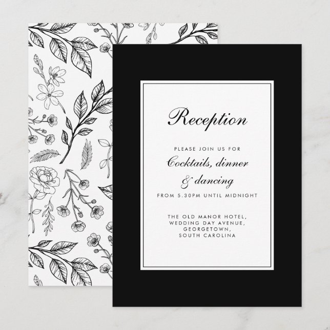 Elegant Floral Black White Wedding Enclosure Card (Front/Back)