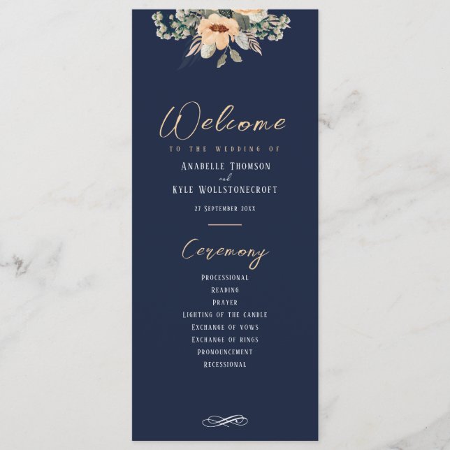 Élégant floral bleu foncé, programme de mariage (Devant)