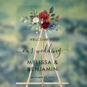 Elegant Floral Bloom Burgundy Script Wedding Acrylic Sign