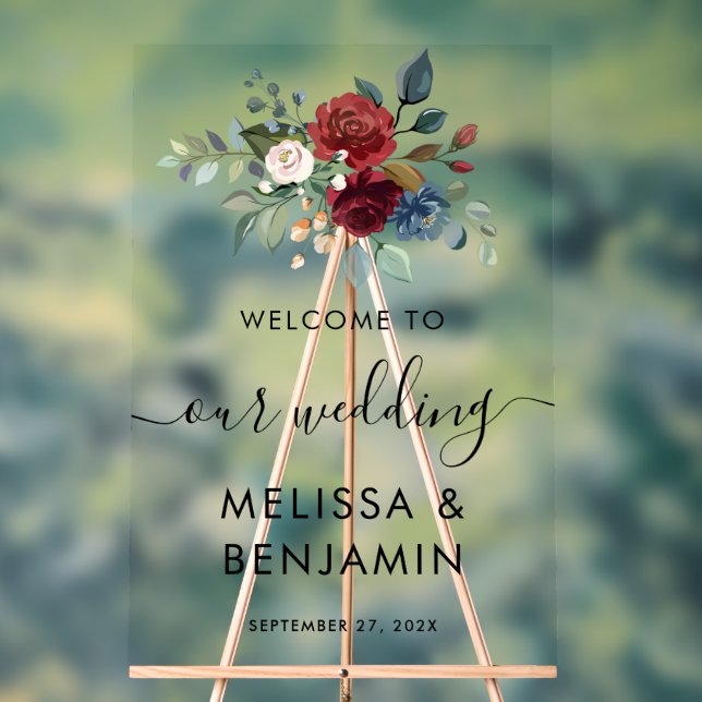 Elegant Floral Bloom Burgundy Script Wedding Acrylic Sign (Neutral)