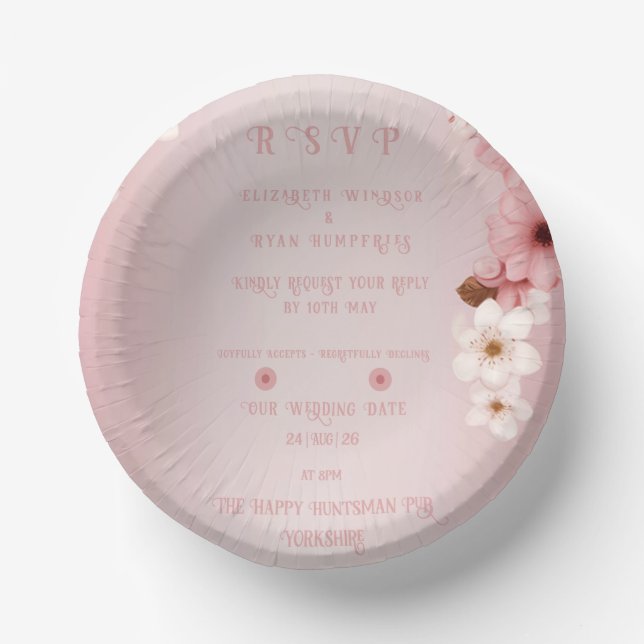 Elegant Floral Blossom Wedding Invitation Design Paper Plate (Front)
