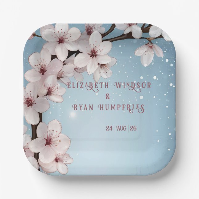Elegant Floral Blossom Wedding Invitation Design Paper Plate (Front)