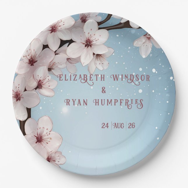 Elegant Floral Blossom Wedding Invitation Design Paper Plate (Front)