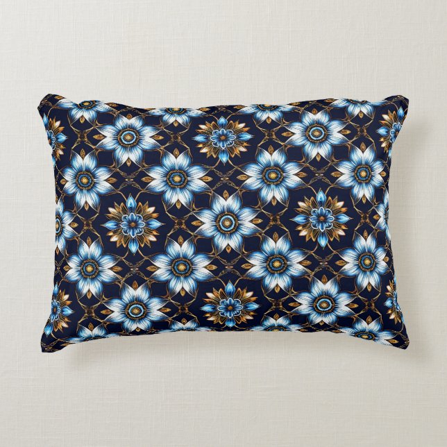 Elegant Floral Blue and Gold Pattern Accent Pillow (Front)