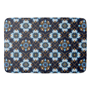 Elegant Floral Blue and Gold Pattern Bath Mat