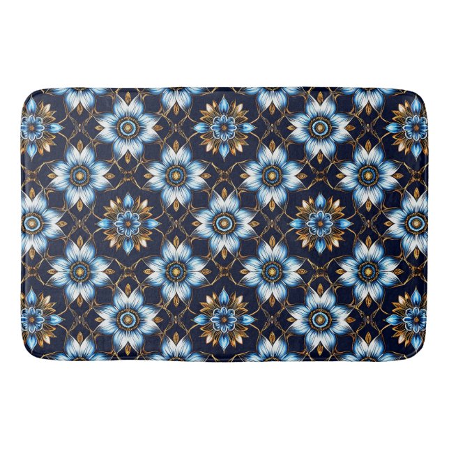 Elegant Floral Blue and Gold Pattern Bath Mat (Front)