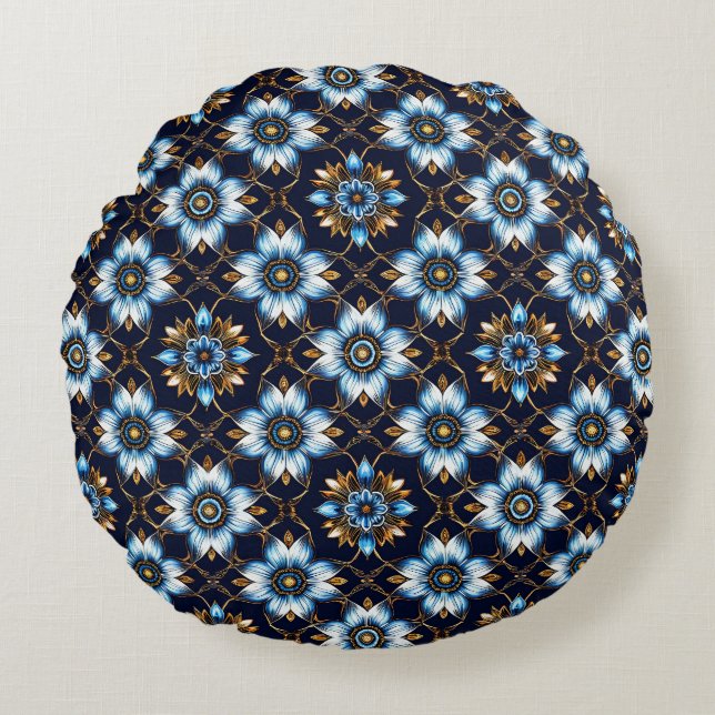 Elegant Floral Blue and Gold Pattern Round Pillow (Front)