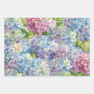 Elegant Floral Blue and Pink Hydrangea Pattern Wrapping Paper Sheet