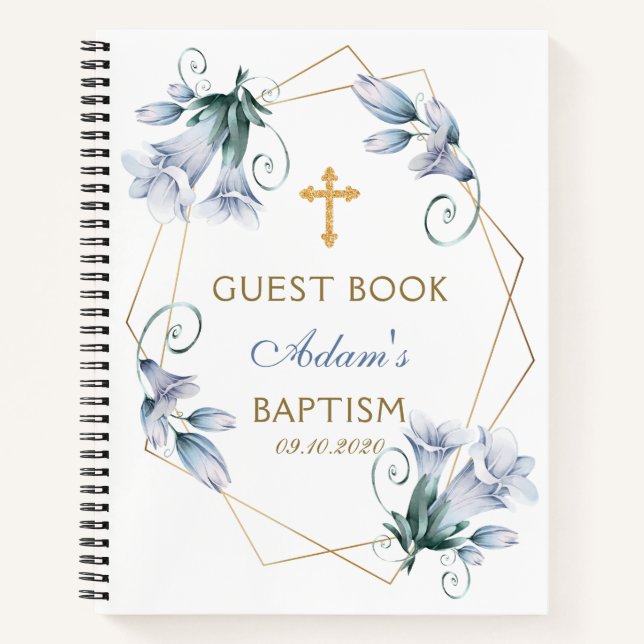 Elegant Floral Blue Boy Baptism Guest Book (Front)