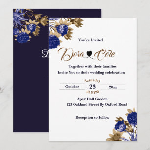 Elegant Floral Blue & Brown Watercolor Wedding Invitation