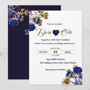 Elegant Floral Blue & Brown Watercolor Wedding Invitation