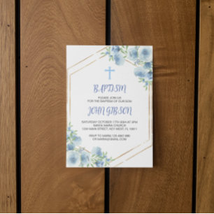 Elegant Floral Blue Cross Baptism Boy Invitation