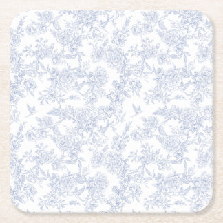 Elegant Floral Blue French Toile  Square Paper Coaster