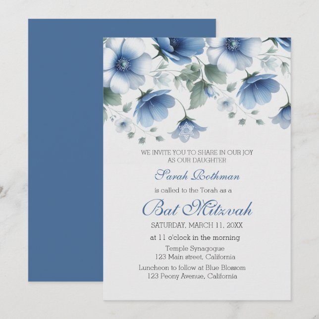Elegant Floral Blue Girl Bat Mitzvah Invitation (Front/Back)