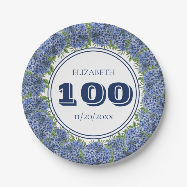 Elegant Floral Blue Hydrangea 100th Birthday Party Paper Plate (Front)