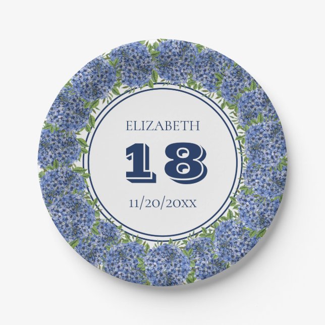 Elegant Floral Blue Hydrangea 18th Birthday Party Paper Plate (Front)