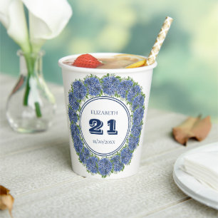 Elegant Floral Blue Hydrangea 21st Birthday Party Paper Cups