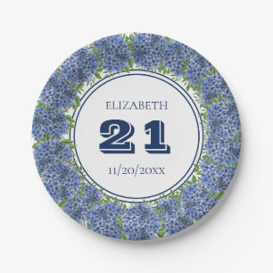 Elegant Floral Blue Hydrangea 21st Birthday Party Paper Plate