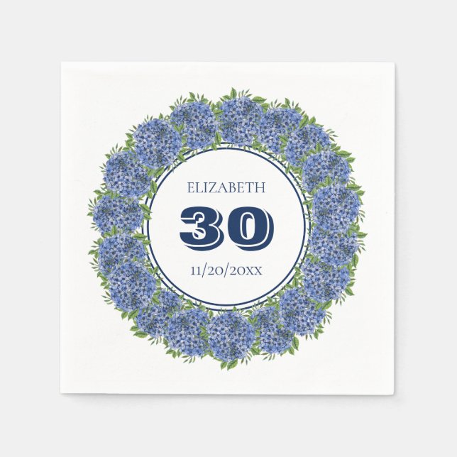 Elegant Floral Blue Hydrangea 30th Birthday Party Napkin (Front)