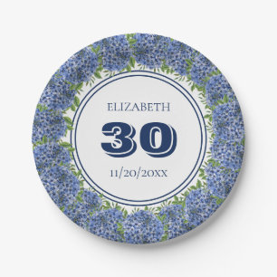 Elegant Floral Blue Hydrangea 30th Birthday Party Paper Plate