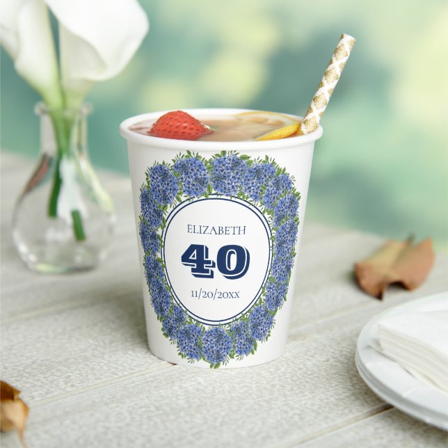 Elegant Floral Blue Hydrangea 40th Birthday Party Paper Cups (Insitu)