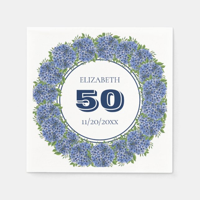 Elegant  Floral Blue Hydrangea 50th Birthday Party Napkin (Front)
