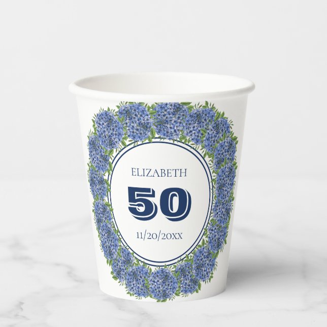 Elegant  Floral Blue Hydrangea 50th Birthday Party Paper Cups (Front)