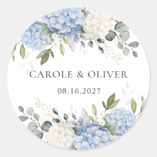 Elegant Floral Blue Hydrangea Greenery Wedding Classic Round Sticker