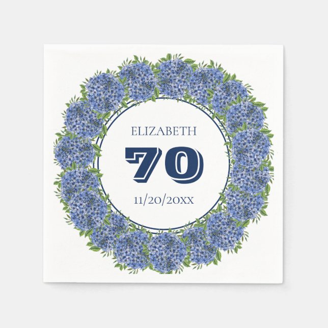 Elegant Floral Blue Hydrangeas 70th Birthday Party Napkin (Front)