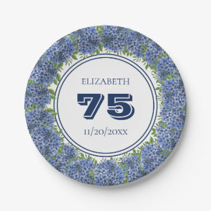 Elegant Floral Blue Hydrangeas 75th Birthday Party Paper Plate