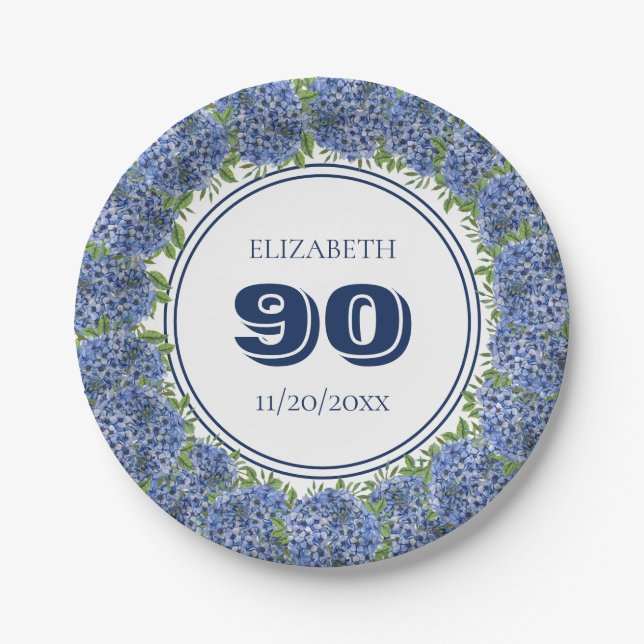 Elegant Floral Blue Hydrangeas 90th Birthday Party Paper Plate (Front)