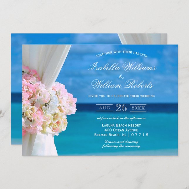Elegant Floral Blue Ocean Beach Summer Wedding Invitation (Front/Back)